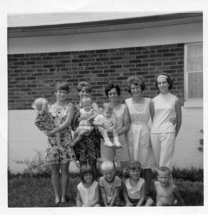 Tampa Neighborhood Moms, 1968, Kay Walsh, Cherry Montgomery, Carol Haas, Mom, Ann White, sitting are Sally, John Walsh, Toni, Danny White